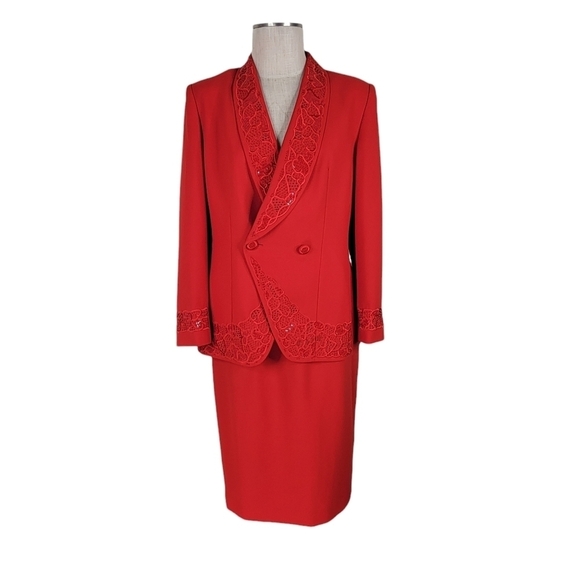John Meyer Skirt Suit Women Size 8 Double Breasted Beaded Sequins Pockets Red - Picture 10 of 10
